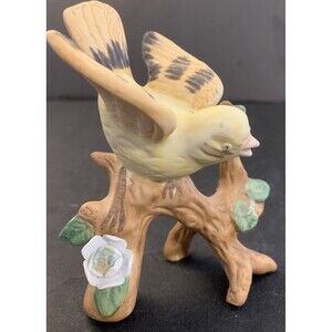 Vintage Ceramic Yellow Bird Figurine On Tree Branch W/Flowers